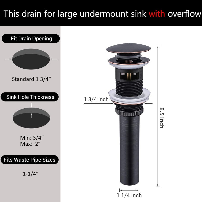 Yodel Faucet Bathroom Sink Drain with Overflow - Big Cap for Standard 1 3/4" Drain Opening - Pop Up Drain,Oil Rubbed Bronze - Image 4